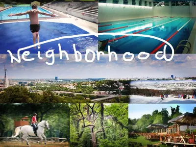 a collage of photos with a person riding a horse near a pool at Banshill Apartment in Belgrade