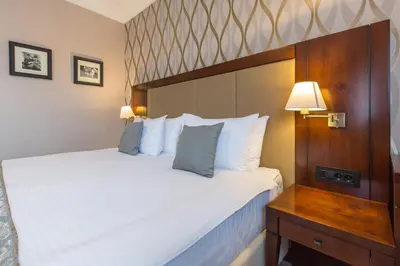 a bedroom with a large bed with a wooden headboard at Xenon Hotel & SPA in Belgrade