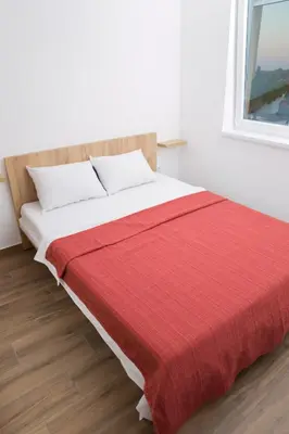 a bed with a red blanket on top of it at Apartment Koral in Ruma