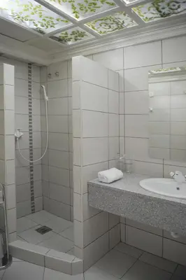 a bathroom with a shower and a sink and a mirror at Hotel Centar Balasevic in Belgrade