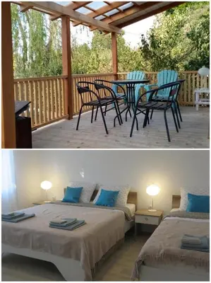 two pictures of a patio with two beds and a table at Apartman Otvoreno polje in Arandjelovac