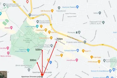 a map with red and yellow dots at Apartman Otvoreno polje in Arandjelovac