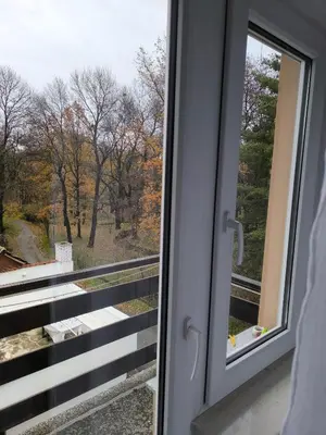 a window with a view of the woods at Guest House Major in Arandjelovac