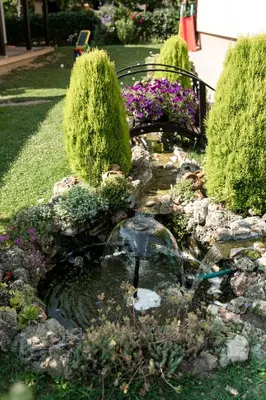 a pond in a garden with a bench and flowers at President 034 in Arandjelovac
