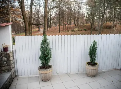 two potted plants sitting next to a white fence at Vila Mila in Arandjelovac