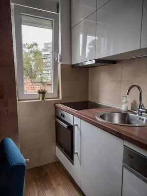 a small kitchen with a sink and a window at Flat Kosutnjak 9 in Belgrade