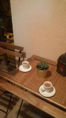 a wooden table with two cups of coffee and a plant at Flat Kosutnjak 9 in Belgrade