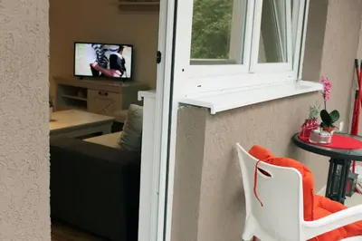 a living room with a window and a couch at Apartment Leonis in Belgrade