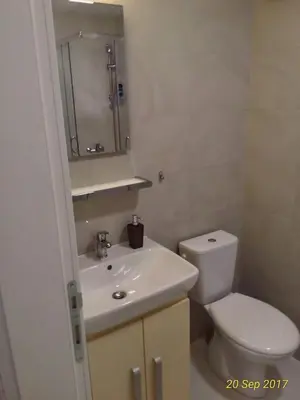 a bathroom with a white toilet and a sink at Apartment Frida in Belgrade