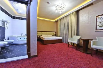 a bathroom with a tub and a sink and a bath tub at Hotel Sucevic Garni in Belgrade