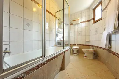 a bathroom with a tub and a toilet and a shower at Hotel Sucevic Garni in Belgrade