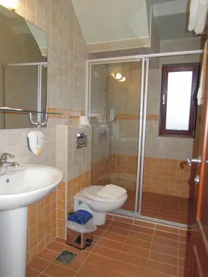 a bathroom with a toilet and a sink and a shower at Hotel Sucevic Garni in Belgrade