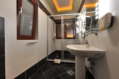 a bathroom with a sink and a shower at Hotel Sucevic Garni in Belgrade