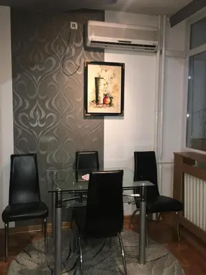 a meeting room with a glass table and black chairs at Apartment Milos in Belgrade