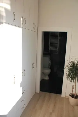 a bathroom with white cabinets and a toilet at Rooftop Apartment Belgrade in Belgrade