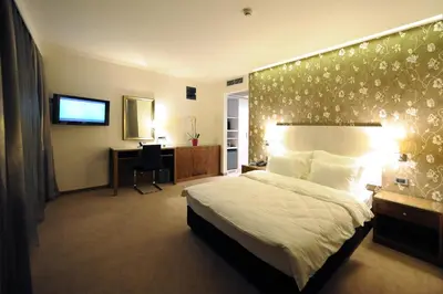a bedroom with a bed and a desk and a television at Hotel 1000 Ruza in Belgrade