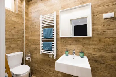 a bathroom with a sink and a toilet and a mirror at Lella Apartment 2 - duplex - epicenter of Belgrade in Belgrade