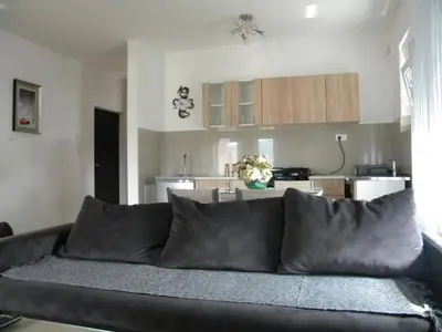 a black couch in a living room with a kitchen at Apartment Srebrni oblak in Arandjelovac