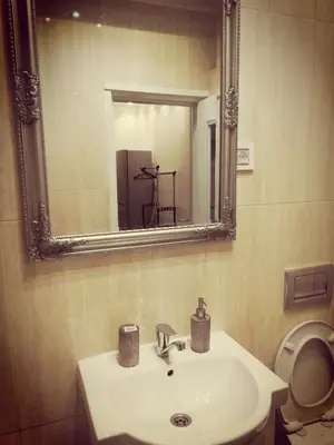 a bathroom with a sink and a mirror and a toilet at Centrally Located Relaxing Place in Belgrade