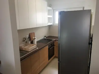 a kitchen with a refrigerator and a sink at Apartment Posejdon in Belgrade