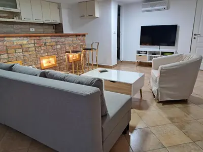 a living room with two couches and a fireplace at Apartment Queen in Belgrade