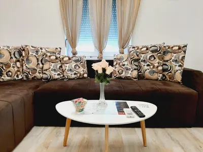 a living room with a couch with a vase of flowers on a table at Apartment Queen in Belgrade