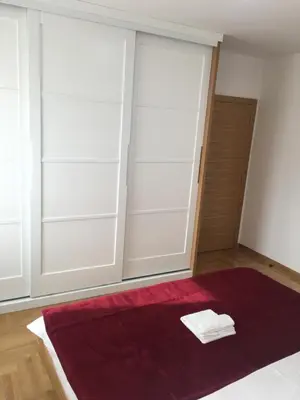 a bedroom with white closet doors and a red rug at Apartment Triton in Belgrade