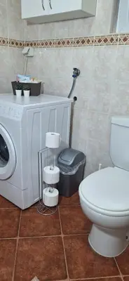 a bathroom with a toilet and a washing machine at ANA Apartment in Dobanovci