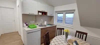 a kitchen with a table and a sink and a table and chairs at ANA Apartment in Dobanovci