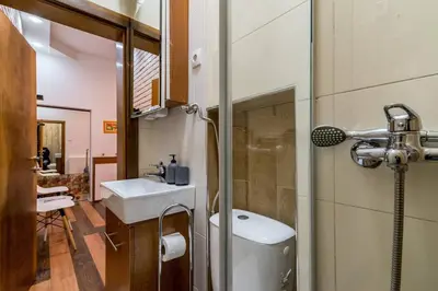 a small bathroom with a sink and a shower at Marcel Apartments in Belgrade