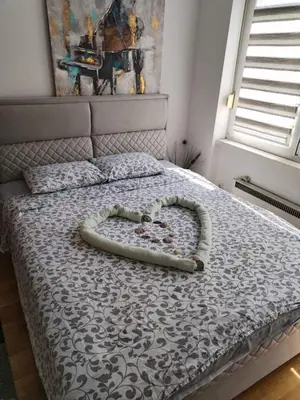a bed with a heart shaped object on it at De Luxe Republic Square Apartment of 100sqm in Belgrade
