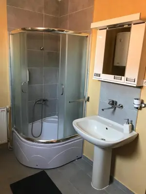 a bathroom with a shower and a sink at Five Apartments in Inđija
