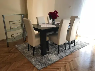 a dining room table with white chairs and a black table at Five Apartments in Inđija