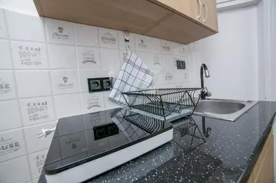 a kitchen with a dish drying rack next to a sink at City Panorama in Belgrade