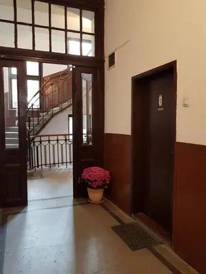 a hallway with a door and a pot of flowers at Classic Style Apartment in Belgrade