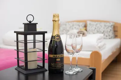 a bottle of champagne and a wine glass on a table at Balkan-inn Apartment Terazije in Belgrade