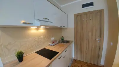 a small kitchen with a sink and a wooden cabinet at Arena East Apartment in Belgrade