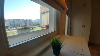 a room with a window and a table with a plant at Arena East Apartment in Belgrade