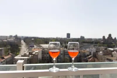 two wine glasses sitting on top of a balcony at Sunny Apartment in Belgrade