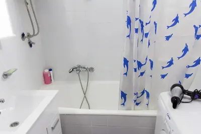 a bathroom with a white tub and a shower curtain at Sunny Apartment in Belgrade