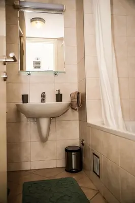 a bathroom with a sink and a mirror and a tub at Apartman Green relax Belville in Belgrade