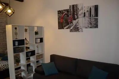 a living room with a couch and a book shelf at Saramala Apartment in Belgrade