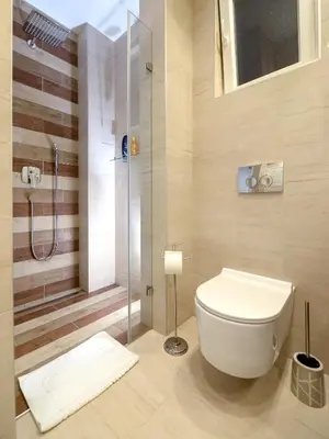 a bathroom with a toilet and a shower at Main Square Residence in Belgrade