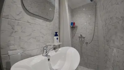 a bathroom with a white sink and a shower at Dafni Apartment in Belgrade