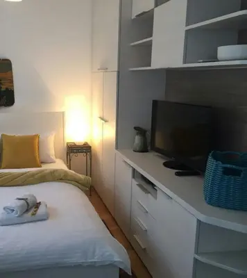 a bedroom with a tv on a desk with a bed at Apartment Jastuk in Belgrade