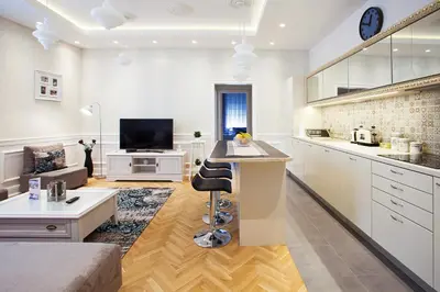 a kitchen and living room with a counter and a bar at Apartment Passage in Belgrade