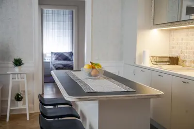 a kitchen with a island with a bowl of fruit on it at Apartment Passage in Belgrade
