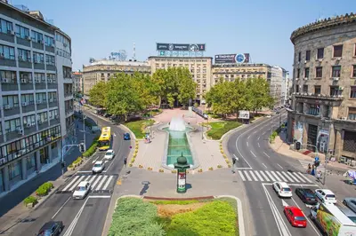 an aerial view of a city with cars on a street at Apartment Passage in Belgrade
