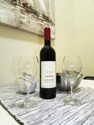 a bottle of wine and two wine glasses on a table at Apartment B&S in Belgrade