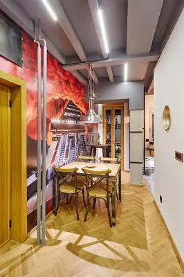 a dining room with a pizza mural on the wall at Subway in Belgrade